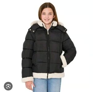 New!Sam Edelman Girls Youth Kids Hooded Puffer Jacket Sherpa Star Cream Trim